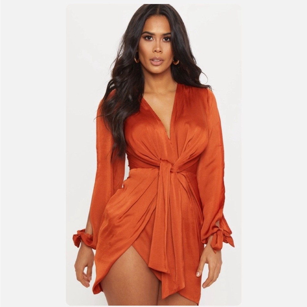 Pretty little thing burnt orange ruched mini dress